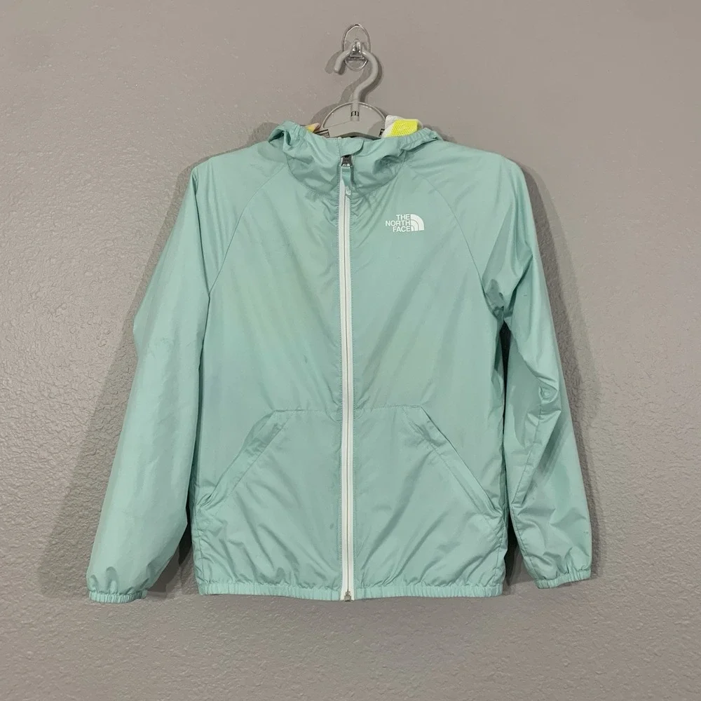 The North Face Windwall Jacket Girls Medium Mint Green Packable Pockets EUC